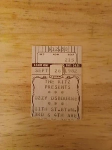 Ozzy Osbourne Concert Ticket Stub THE RITZ NYC 9/26/82 VG+ pre-owned cond - Picture 1 of 1