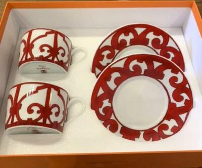 Hermes Guadalquivir Taza de Té Rojo Platillo Vajilla Juego 2 Adornos Café Auténtico Nuevo Foto 1 de 4