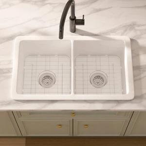 Eridanus 32-inch Double Bowl Fireclay Top Mount / Undermount Kitchen Sink White - Picture 1 of 14