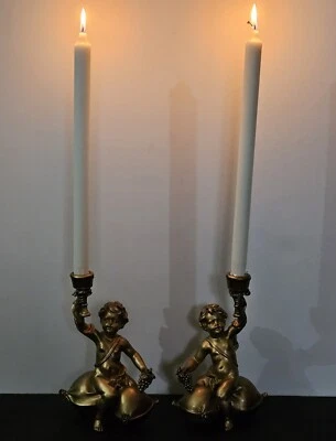 Vintage Pair Of Gold Gilted Resin Cherub Candlestick Holders - Image 1 of 4