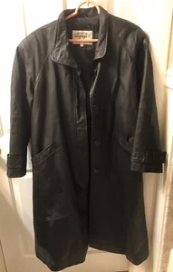 Winlit Leather Jacket Womens Petite Small Black Long Overcoat Trench Coat - Picture 1 of 6