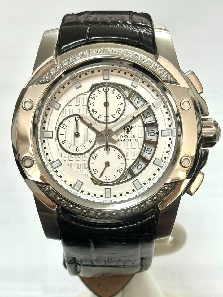 Мужские кварцевые часы с хронографом Aqua Master в стальном корпусе черная кожа бриллиант W#347 - Изображение 1 из 1