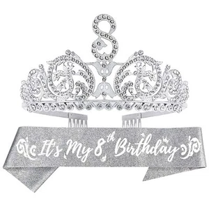 8th Birthday Accessories for Girls - Silver Tiara & Sash with 'It's My 8th Bi... - Picture 1 of 7