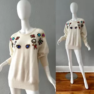 Vintage 80s White Bejeweled ANGORA Oversized WOOL Sweater Top M/L - Picture 1 of 15