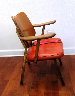 Antique Original mid century arm chair 1958 tag Gold metal legs Burnt red leathe - Image 1 of 4