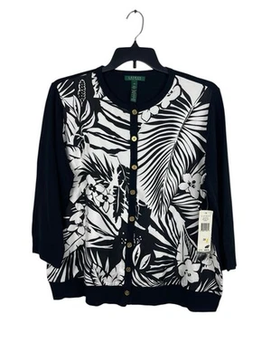 Suéter Cárdigan Lauren Ralph Lauren 2X Seda Cachemira Negro Blanco Floral Nuevo con Etiquetas Foto 1 de 4
