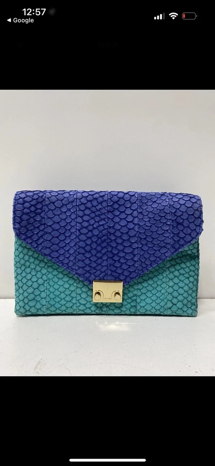 Bolso clutch azul y verde con herrajes dorados y correa de cadena #LOEFFLERRANDALL Foto 1 de 4