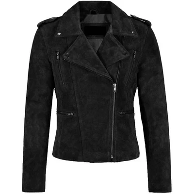 Women's Real Suede Leather Classic Biker Jacket Black Moto Fashion Casual Jacket - Image 1 of 4