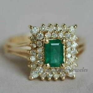 2CT Emerald Cut Real Emerald Cluster Engagement Wedding Ring 14K Yellow Gold FN - Picture 1 of 6