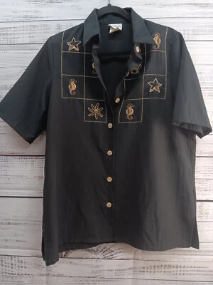 Camisa Bon Worth para mujer pequeña negra vintage bordada con botones playera  Foto 1 de 4