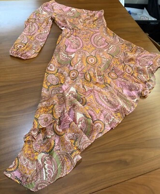 Bcbg Generation One Shoulder Asymmetrical Pink Paisley Dress. Waist Cut Out Sz 6 - Image 1 of 4