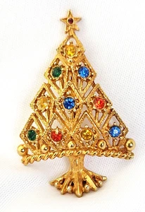 Vtg Gold Tone w/ Multi Colored Rhinestones Christmas Tree Pin Brooch - Bild 1 von 2