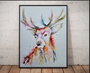 Original watercolour painting signed by Elle Smith Art of A Stag large A2 size - Picture 1 of 11