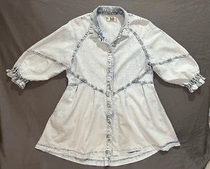 We Free People Denim Acid Wash Mini Shirt Dress Sz M Blue 3/4 Sleeve Hannah Boho - Picture 1 of 17