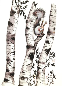 Postkarte Kunst Birke Eichhörnchen Natur - Bild 1 von 1