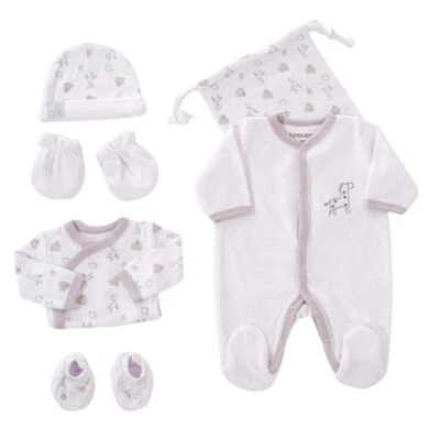 - Geburts-Set 6-teilig - 1 Monat - weißer Samt - Motiv Giraffe - Pyjama Body ... - Bild 1 von 4
