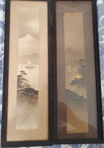 2 x Vintage Japanese Landscape Portrait Birds/Huts/Sailing Vessel/ Mt. Fuji - Picture 1 of 4