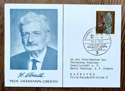 HAND-SIGNED POSTCARD PHOTO of HERMANN OBERTH - PIONEERING ROCKET SCIENTIST - Image 1 of 2