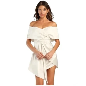 Lulu’s Always Celebrating Ivory Off-Shoulder Satin Dress, Size Large - Picture 1 of 8