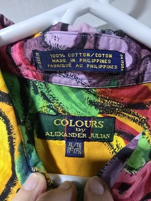 Camisa Vintage Colores por Alexander Julian Arte Floral Hawaiano XL 17-17.5 Botones Foto 1 de 4