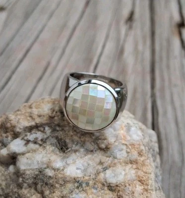 Anel RS Covenant tom prata tamanho 7 opala falsa pérola design geométrico - Imagem 1 de 4