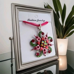 Halskette Modekette Bänderkette  Strass Blume Pink Modeschmuck  - Bild 1 von 4
