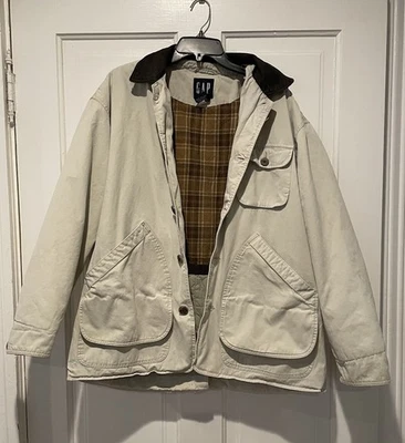 Vintage Gap Chore Jacket Men's M Beige Canvas Barn Coat Corduroy Collar Workwear - Image 1 of 4