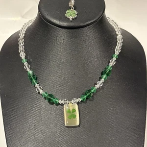 Collar de trébol de la suerte de los cuatro colgante de vidrio broche de ley encanto de estrás adicional - Imagen 1 de 9