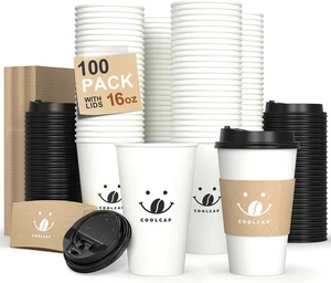 Paquete de 100 tazas de café con tapas y fundas desechables de papel caliente para llevar de 16 oz - Imagen 1 de 9