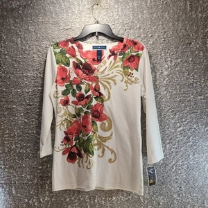 Karen Scott Women Henley Top Floral Blouse 3/4 Sleeve Small Cotton Blend NWT - Picture 1 of 8