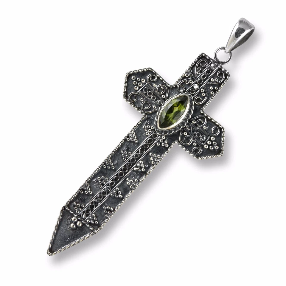 Echt 925er Silber Kreuz Kruzifix 7cm mit grünem Peridot Handarbeit Design PS530 - Bild 1 von 1