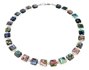 Halskette Quadrat Abalone Paua Muschel, Rahmen 925 Sterling versilbert 365a - Bild 1 von 16