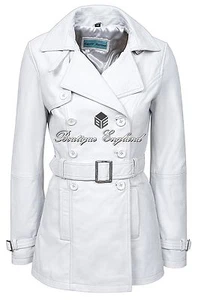 TRENCH Ladies White Classic Mid-Length Designer Napa Leather Jacket Coat 1123 - Picture 1 of 12