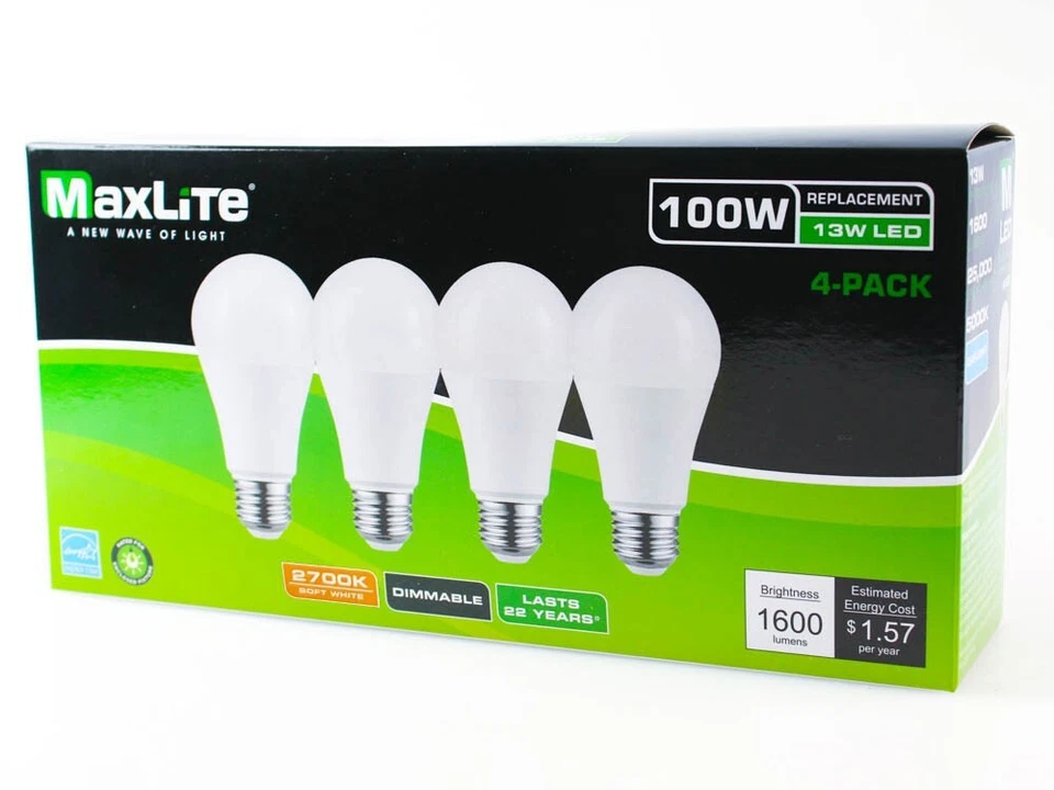 MaxLite E13A19D27/4P LED 4 Pack Bulbs 100W 2700K Soft White Bulk Discounts - Image 1 of 1