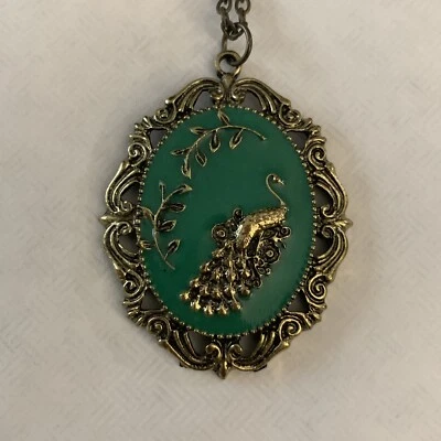 Collar Largo Pavo Real Turquesa Verde Esmalte Color Colgante Inspiración Victoriana Foto 1 de 3