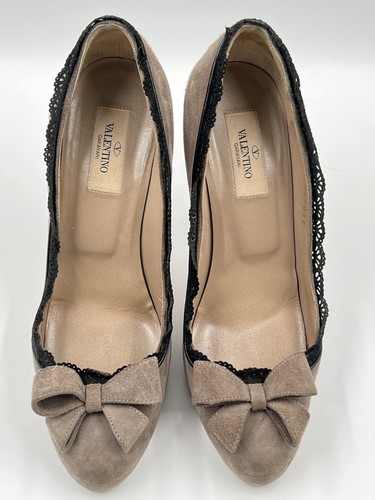 VALENTINO GARAVANI Scarpe 38 US 8 UK 5 Taupe Pelle scamosciata Pizzo Tacco Pelliccia Rosa