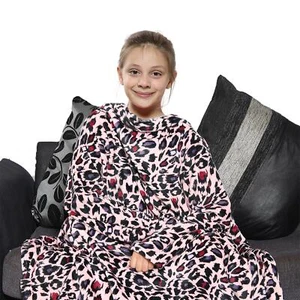 Girls Leopard Print Wearable Snuggle With Sleeves Blanket Super Soft Warm Fleece - Picture 1 of 7