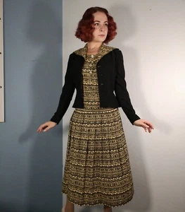 1940s Gown Set Yellow Gold Black Rayon Dress African Safari Pattern Jacket - Picture 1 of 9