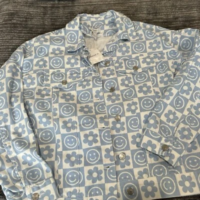 Chaqueta Jean Mujer S Lavado Ligero Happy Face Daisy Smile Abrigo Denim A Cuadros Nuevo Foto 1 de 4