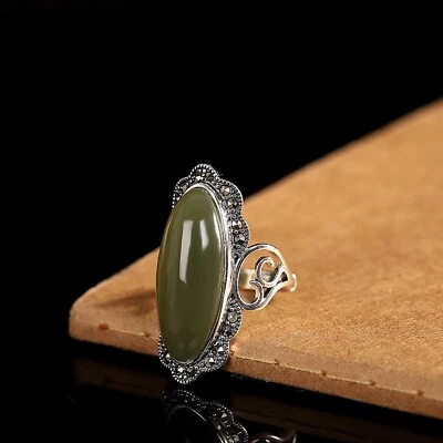 Real Solid S925 Sterling Silver Band Men Women Natural Jade Long Ring - Image 1 of 4