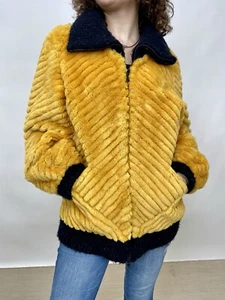 Vintage 1980s Yellow Striped Sheared Beaver Bomber Jacket with Black Knit Trim - Picture 1 of 10