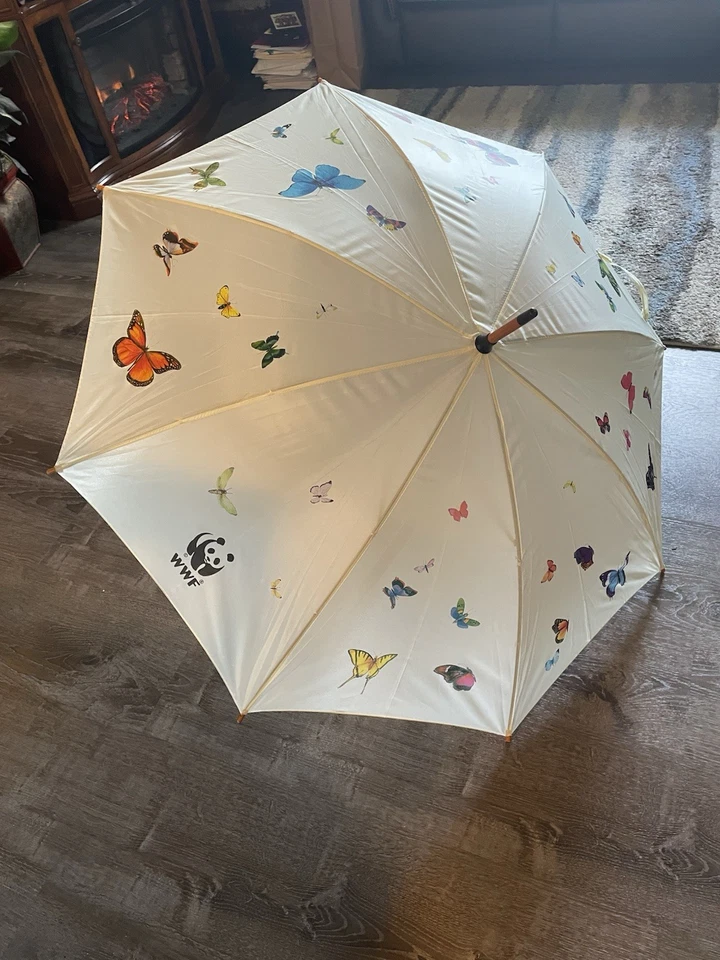 WWF Vintage Umbrella Cream Butterfly Print with Wood Handle - Image 1 of 4