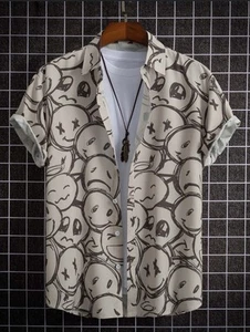 Camisa ROMWE Gráfica Manga Corta Con Botones - Para Hombre Talla Grande - Blanco Gris  - Imagen 1 de 7