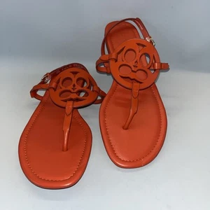 Coach Jaci Logo T-strap Slingback Women's Sz 9 Mango Leather Flat Sandals - Picture 1 of 10