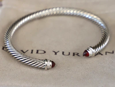 David Yurman серебро 5 мм кабель браслет гранат с бриллиантами размер маленький - Изображение 1 из 4