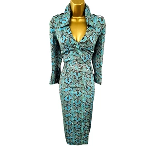 Karen Millen 14 UK Vintage Turquoise Green Silk Snake Print Military Shirt Dress - Picture 1 of 20