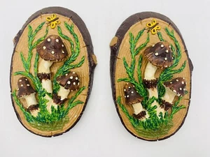 Vintage Chalkware Mushroom Plaque Pair Plaster Mushroom Butterfly Retro Wall Art - Picture 1 of 14