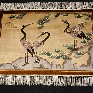 Seidenteppich China 90 x 65 cm Seide Orient teppich Vogelmotive Handgeknüpft Rug - Bild 1 von 13