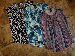 New Womens Premise Top Short Sleeve Shirt Blouse Shirt Black White Blue Mosiac - Picture 1 of 7