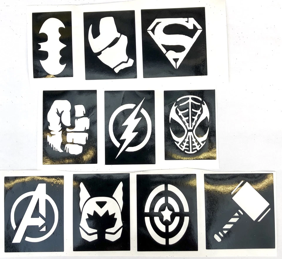 THE UNIQUE LITTLE GIFT SHOP LTD 100 Superhero Thor Stencils Top Up Your Glitter Tattoo Kit Facepainting Airbrush